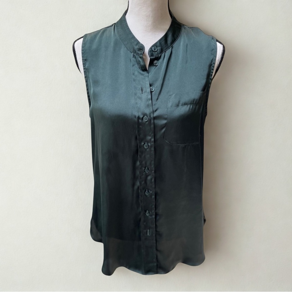 Sleeveless Dark Green Silky Satin Button-Up Blouse